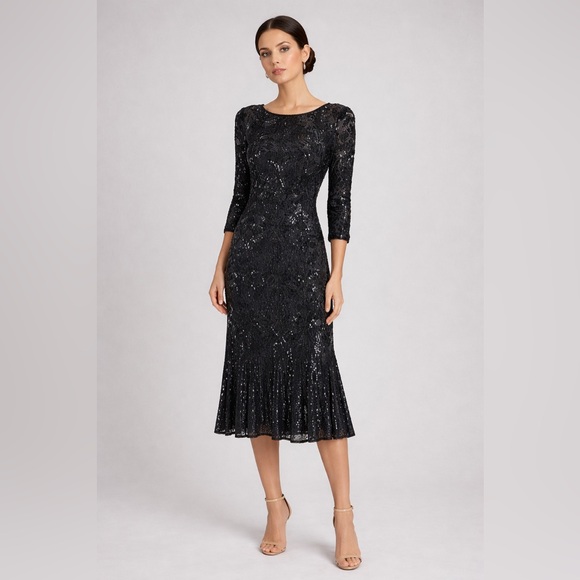 SWEEL O Vintage Black Beaded Sequin Cocktail Dress Long Sleeve Art Deco Midi